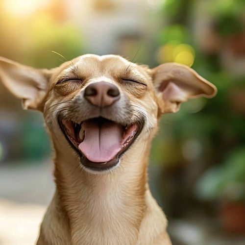 Happy dog is smiling with closed eyes and an open mouth